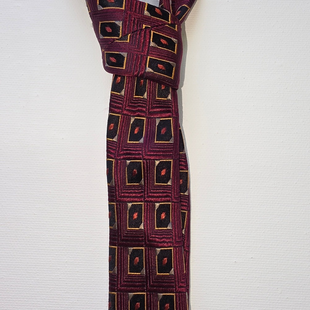 Bocara Men XL Silk Necktie Burgundy Black Gold Geometric Square Pattern Wide Tie